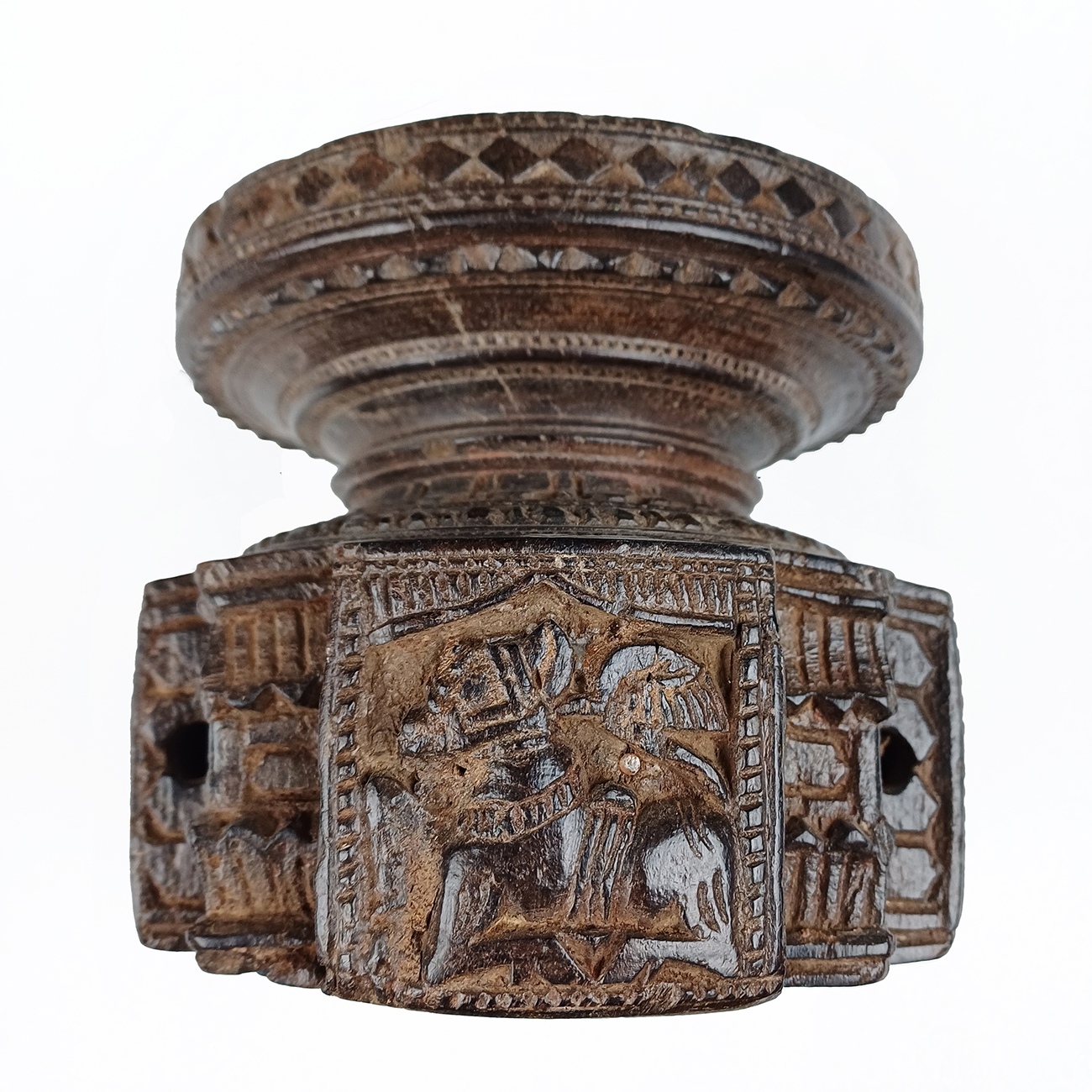 Antiguo esparcidor de semillas Talla de madera con caballo hindu