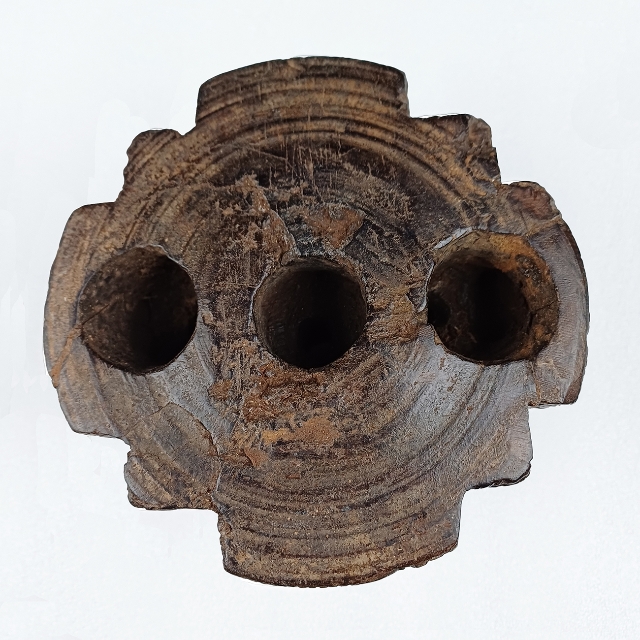 Antiguo esparcidor de semillas Madera con tres conductos