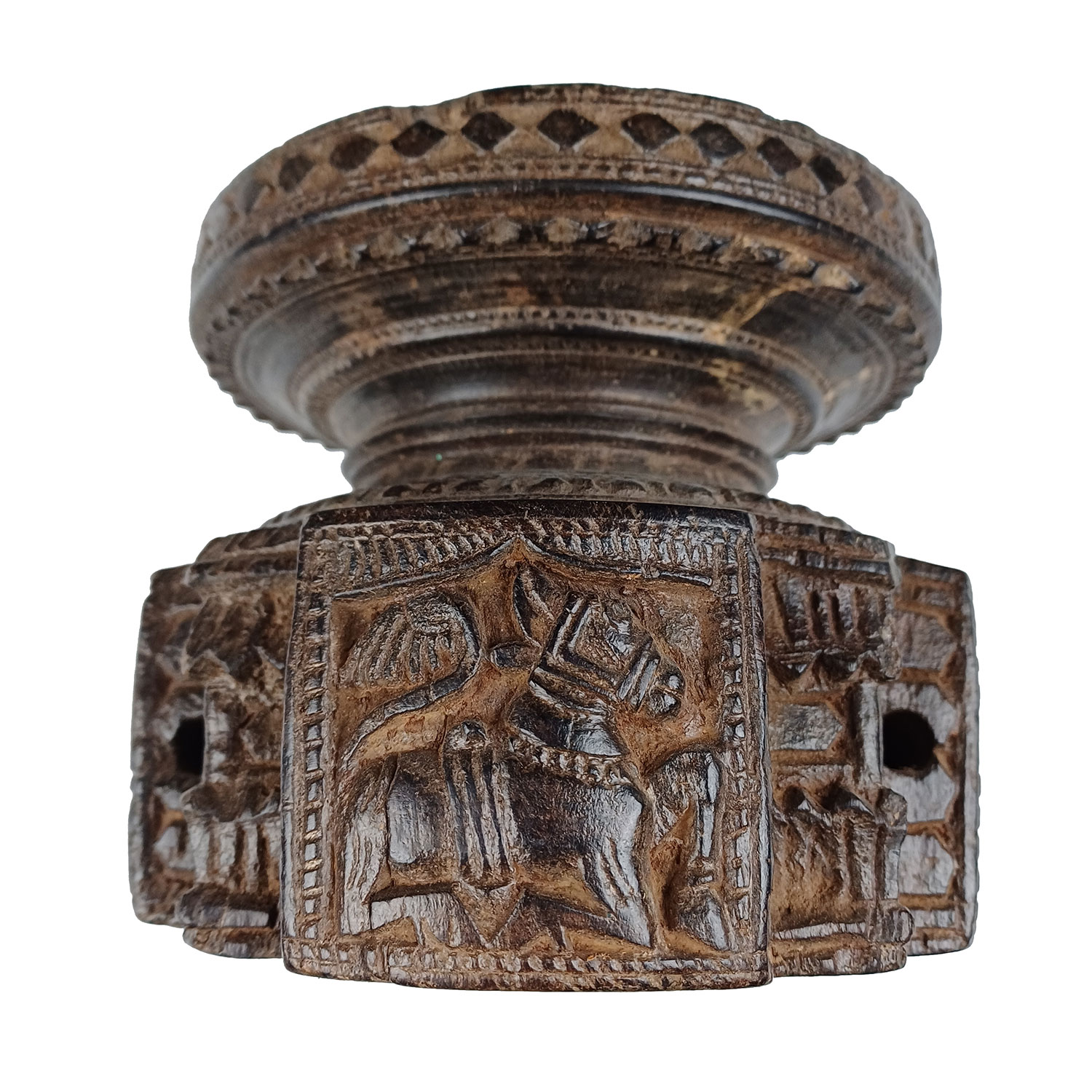 Antiguo esparcidor de semillas antigua talla de madera con caballo