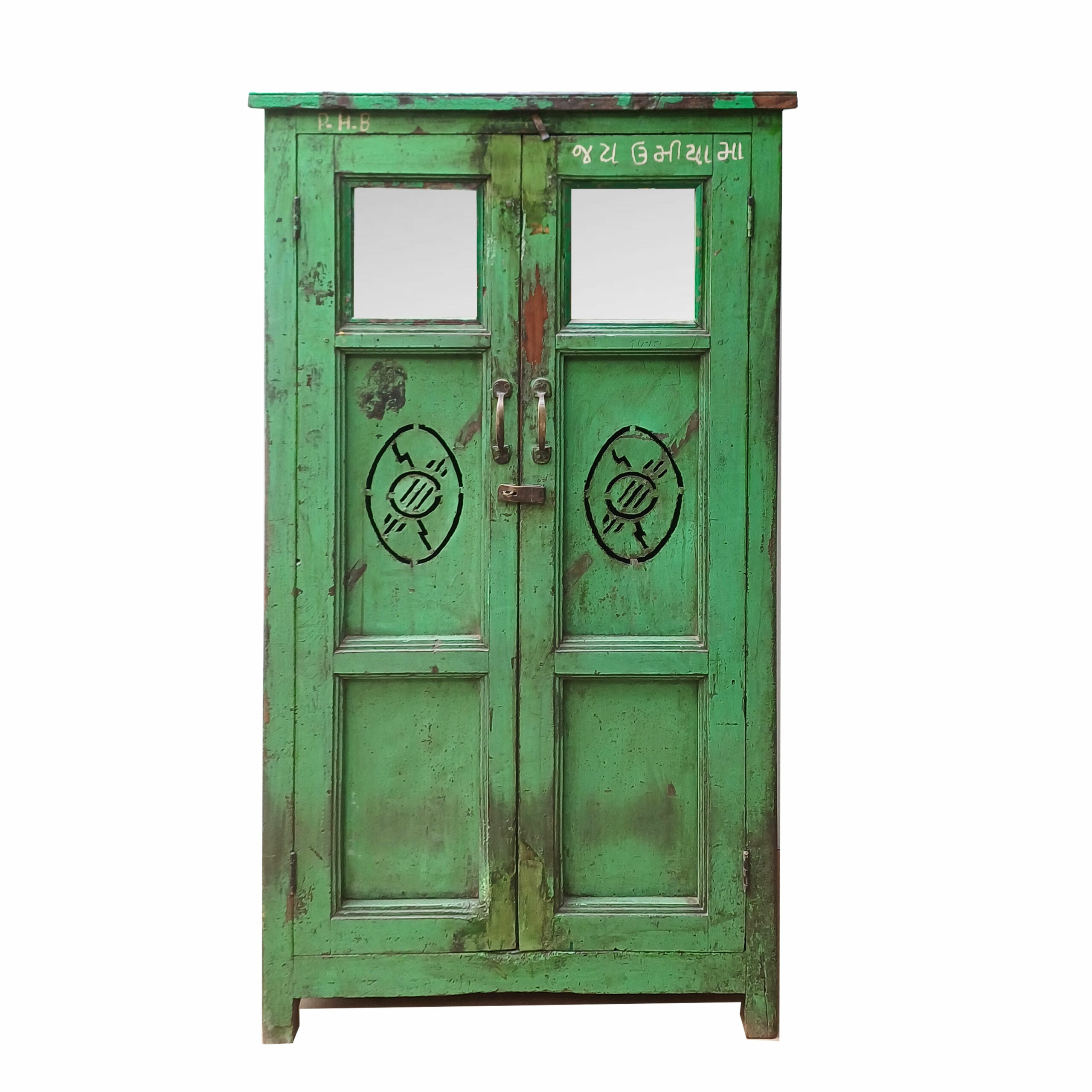 Armario Tarabooj Armario vintage verde con símbolos pintados en las puertas